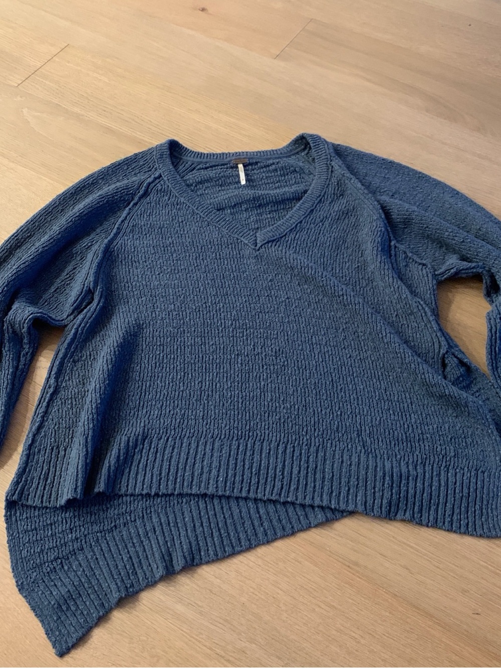 Free People Textured V-Neck Sweater in Navy Blue